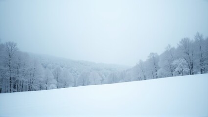 Fototapeta premium Winter landscape with snow-covered trees and hills under a foggy sky, serene and tranquil scenery. Generative, AI,