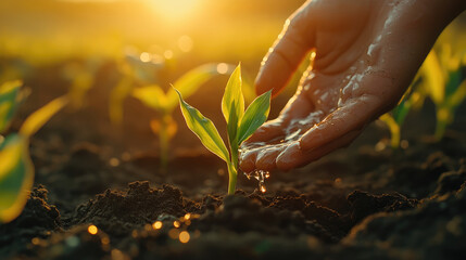 Fototapeta premium A hand is watering a plant in the dirt. The plant is a small green leaf. Concept of nurturing and care for the plant