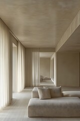 Fototapeta premium A serene, minimalist interior space with soft curtains and neutral tones.