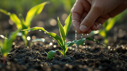 A hand is watering a plant in a field. The plant is a young green plant with a stem and leaves. Concept of nurturing and care for the plant, as the person is taking the time to water it