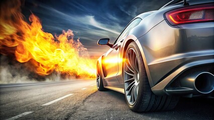 Vehicle shooting flames from exhaust pipe in forced perspective angle