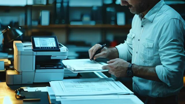 Hand operating a high-tech printer in an office setting, focused on document processing