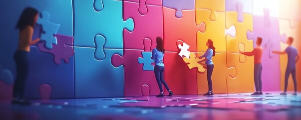Dynamic scene of team building with employees collaborating to connect matching puzzle pieces, bright colors and teamwork focus, great for workplace engagement campaigns