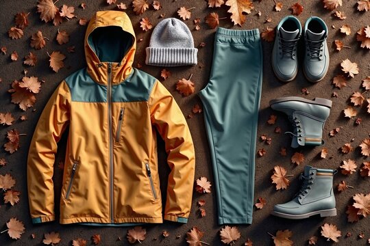 Autumn clothing, vibrant mood, stylish jacket, pants, boots, and beanie laid out on leaves