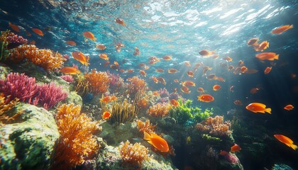 3D representation of a vibrant underwater coral reef bustling with tropical fish, stunning realism, perfect for digital art and marine conservation campaigns