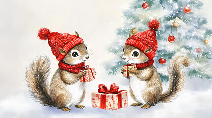 Two squirrels are holding a red present under a Christmas tree. The scene is cheerful and festive, with the red hat and present adding to the holiday spirit