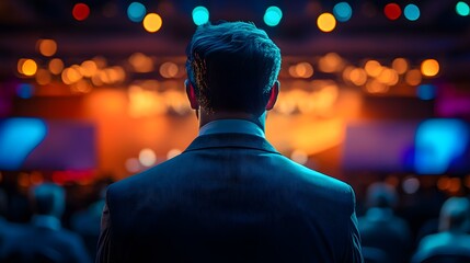 Speaker at a global summit, back view, addressing a diverse audience, large projection screens behind, high-profile business event, sleek conference stage