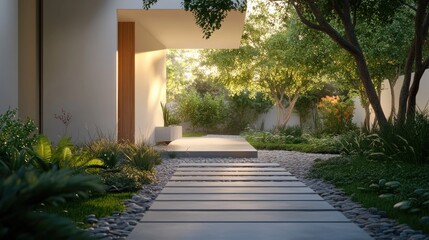 Fototapeta premium Stone path leads to modern house. This image is perfect for showcasing the beauty of contemporary architecture and landscaping.