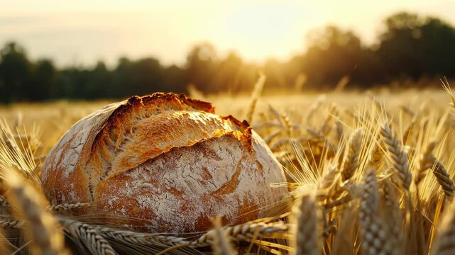 A loaf of bread sits in a field of wheat at sunset