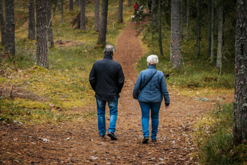 Obraz premium People walk up a forest path covered in autumn leaves. They are dressed warmly for the season, surrounded by fall foliage. 10.27.2024. Latvia, Zilaiskalns