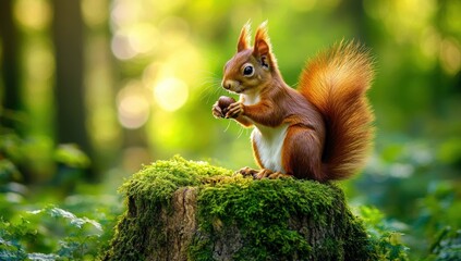 Obraz premium Red Squirrel Eating a Nut on a Tree Stump