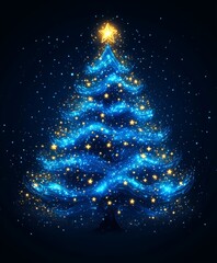 Magic Xmas tree made from blue lights on dark background