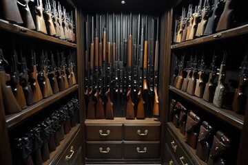 A gun collection in a wooden cabinet. This image can be used for articles about gun safety, gun ownership, or crime.