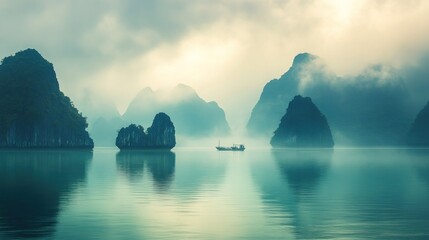 Tranquil Misty Landscape with a Lone Boat