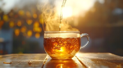 Glass cup on a wooden table, tea being poured with visible steam rising and sunlight reflection in the tea, black tea reflection, relaxing tea time
