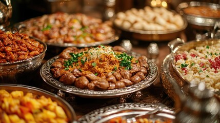 Obraz premium Assortment of dishes in silver platters. This photo is perfect for showcasing catering services, food blogs, or restaurant menus.