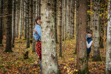 Fototapeta premium A young adult and a child playfully peek from behind trees in an autumn forest. The ground is covered in fallen leaves, and the tall trees create a serene, playful atmosphere.