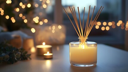 Aromatic reed diffuser and flickering candles, warm glow, elegant spa interior, natural light, calming and serene scene, wellness concept