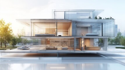 Cutaway view of a transparent 3D smart home, illustrating interior technology layers and seamless integration of advanced systems, home tech innovation, infrastructure visualization