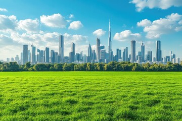 Green field with cityscape backdrop. Perfect for real estate, development, or urban design projects.
