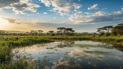 Environmental justice represented by a serene landscape where diverse wildlife thrives in a protected natural reserve, Signifying conservation and biodiversity, photography style