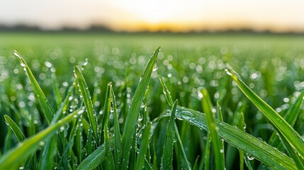 Gentle morning mist over a field of vibrant green grass with dew droplets reflecting soft golden light, evoking serenity and calmness