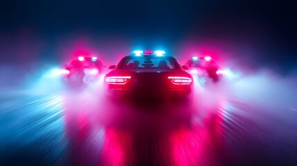 Intense police chase in thick fog, cars weaving through the mist, the road barely visible, emergency lights flickering through the haze