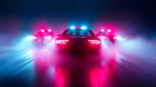 Intense police chase in thick fog, cars weaving through the mist, the road barely visible, emergency lights flickering through the haze
