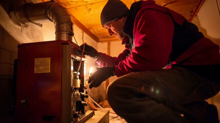 technician performing emergency furnace repair in cold environment, ensuring warmth and safety. focused expression highlights urgency of task