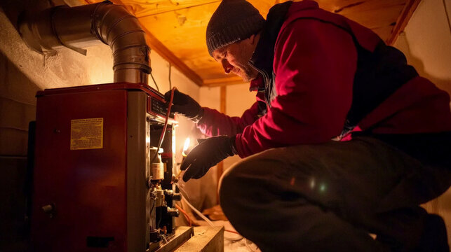 technician performing emergency furnace repair in cold environment, ensuring warmth and safety. focused expression highlights urgency of task