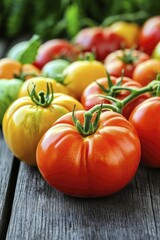 Heirloom quality heirloom tomatoes beautifully displayed on a rustic wooden table, rich colors and textures, natural light enhancing visual appeal.