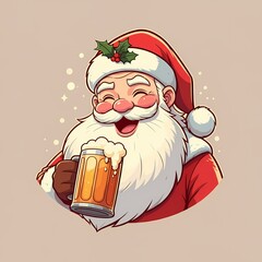 Christmas theme illustration santa claus holding drinking toasting beer happy laughing
