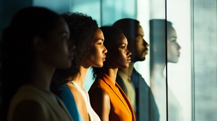 Gender inequality symbolized by a diverse group of women standing in the shadow of towering male figures in a corporate setting, Reflecting the struggle for equity in the workplace, photography style