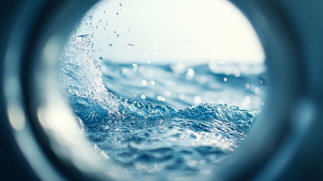 Fototapeta Abstract close-up of sea foam and rolling waves as seen through a porthole, modern composition with a focus on texture, light, and movement in the water