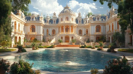 Fototapeta premium Elegant mansion with a pool and lush landscaping under a blue sky.