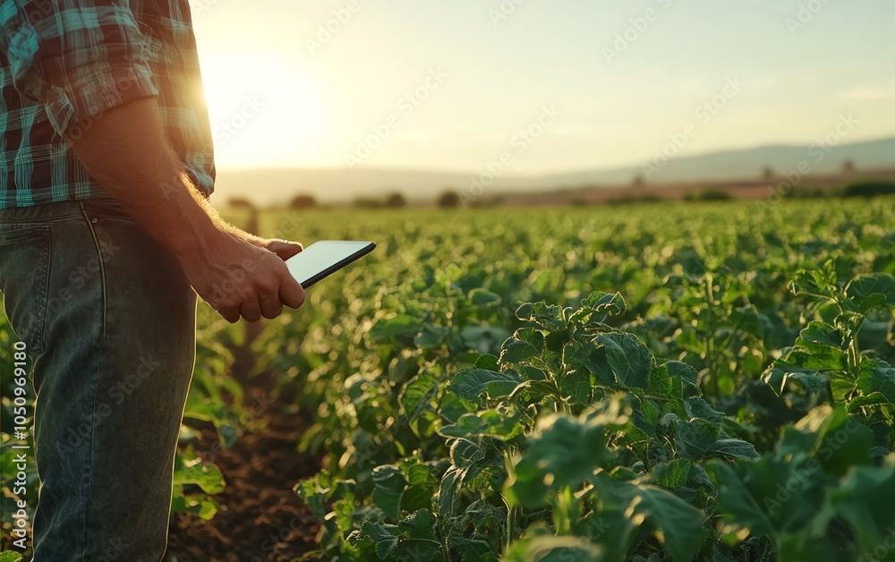 Poster closeup of a farmer utilizing a digital tablet in an expansive field