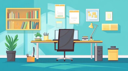 A modern office workspace with a desk, chair, and decor.