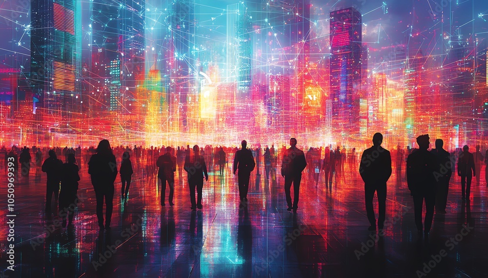 Aufkleber crowd of people connected through a network of lines and symbols