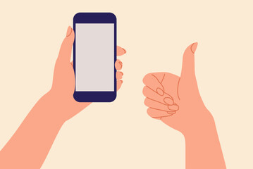 Flat illustration with one hand holding phone and another thumbs up