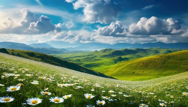 Epic landscape on a sunny day, of rolling hills covered in daisies with dramatic sky and clouds