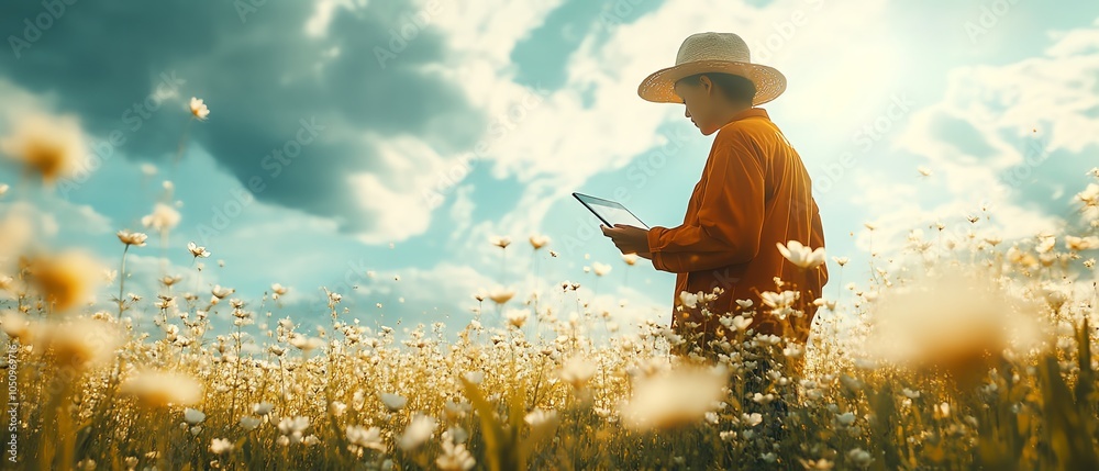 Poster futuristic farmer using a digital tablet in a bountiful crop field