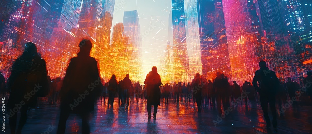 Aufkleber futuristic view of a crowd with a web of connections