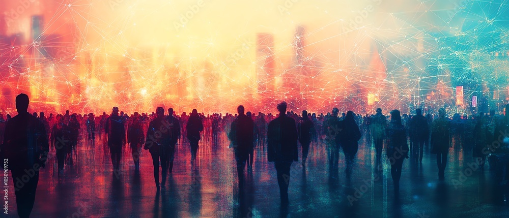Poster Futuristic view of a crowd with a web of connections