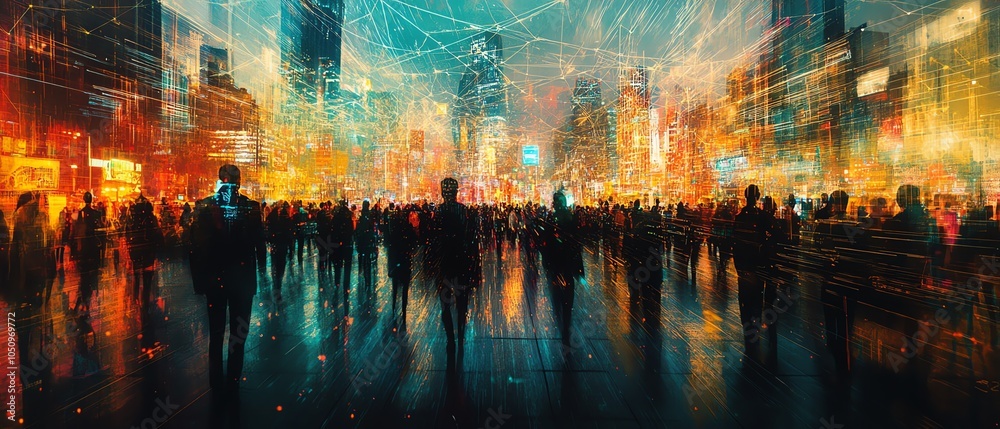 Aufkleber Futuristic view of a crowd with a web of connections