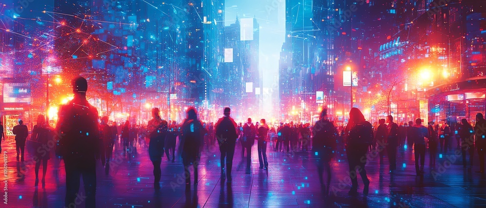 Aufkleber Impressive view of a diverse crowd connected by data streams