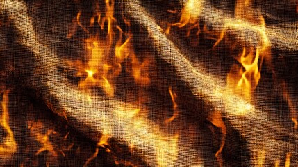 Fiery burlap fabric with embers and smoke, close-up on flames rising along the curtain, suitable for intense heat and hazard themes