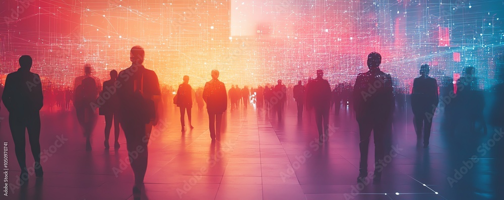 Aufkleber engaging visual of a digital grid with diverse individuals connected