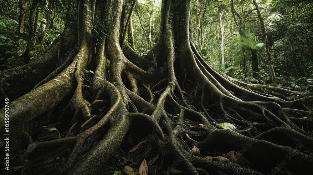 Poster interwoven roots of different trees in a dense forest ecosystem, illustrating the interconnectedness