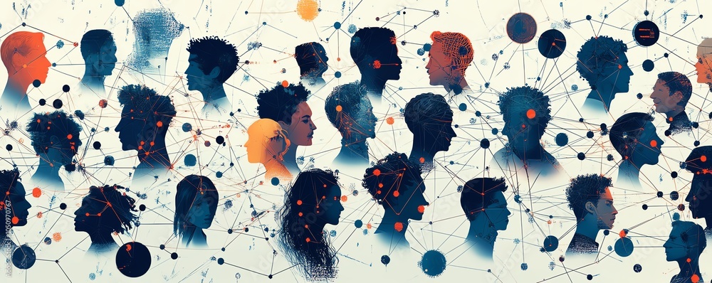 Aufkleber engaging visual of a digital grid with diverse individuals connected