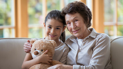 Grandmother and Granddaughter Sharing a Heartwarming Moment on the Couch with Teddy Bear